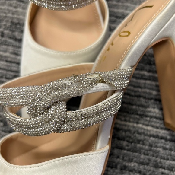 Celines White Satin Rhinestone Pointed-Toe Mule Pumps - Picture 2 of 6